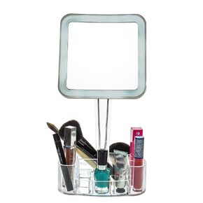 Magnifying Lighted Makeup Mirror with Cosmetic Organizer Base | 7X Magnification, LED Lighted Free Standing Bathroom Mirror for Vanity, Desk or Tabletop | Square