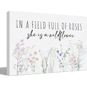 BIWSHA Spring Decor,In a Field Full of Roses She Is a Wildflower Wall Print,Inspirational Wall Art,Girls Bedroom Girl Nursery Decor,Wall Canvas Art Decor for Baby Room Living Room 14x11 Inch