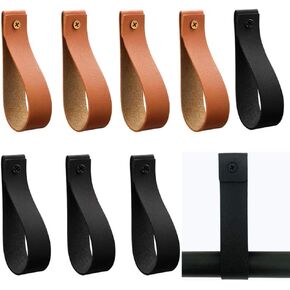 PU Leather Curtain Rod Holder Straps for Wall Hanging, 8Pcs Leather Wall Hooks Loop Strap for Bathroom Kitchen Towel Boho Pole Hanger Wall Blanket Oar Display Farmhouse Style (Black & Brown)