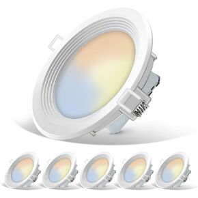 5CCT LED Slim Recessed Lighting, 6 inch Downlight, 14W=85W, Dimmable, 850LM CRI 90+, 2700K/3000K/4000K/5000K/6500K Selectable, Simple Retrofit Installation, Wet Rated, ETL&Energy Star Listed, 6 Pack