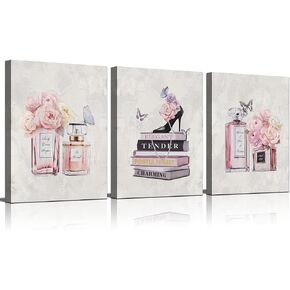 WANBOYA Fashion Women Canvas Wall Art Pink Flower Perfume Modern Art Prints with Book High Heel 3 Pieces Canvas Pictures Girl Room Wall Decor for Women Bedroom Bathroom Ready to Hang 16"x24"x3pcs