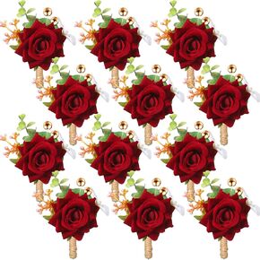 Sherr Set of 24 Wedding Burgundy Boutonniere for Men Wine Red Rose Boutonniere with Pins Wedding Boutonniere Man Suit Corsage Groom and Groomsmen Boutonniere Groom Flower Buttonholes for Anniversary