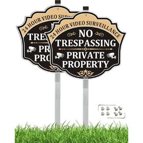 Private Property No Trespassing 24 Hours Video Surveillance Signs 12" x 10" Private Property Signs No Trespassing Sign, 28" Bend-Proof Stake Metal Sign Kit, Rust-Free Aluminum, 2 Pack