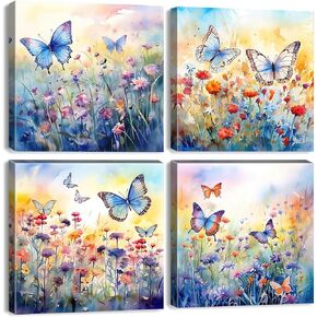 Daisy Flower Wall Art Bee Wall Decor Abstract Nature Bee Wildflower Canvas Poster for Bathroom Decor Yellow Floral Paintings Artwork Bee Kitchen Decor Living Room Home Decoration 12x12" 4Pcs