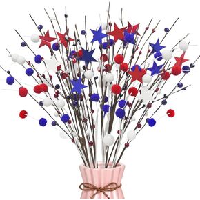 18 Pack Patriotic Artificial Berry Stems 23.6" 4th of July Floral Picks Red White Blue Stars Pip Berry Spray with Pom Pom Balls for Home Office Vase Table Centerpiece Decor