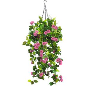 Hanging Planter with Artificial Vine Flowers, Fake Plastic Faux Flower UV Resistant Fabric Rose for Indoor Outdoor Garden Porch Eave Wedding Wall Decor