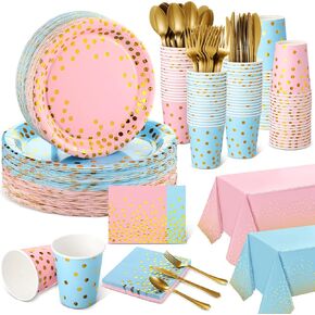 Tegeme 256 Pcs Black and Gold Party Supplies Paper Plates Napkins Cups Gold Dot Disposable Tablecloths Plastic Forks Knives Spoons Serve 36 Guests for Birthday Graduation Party Decorations
