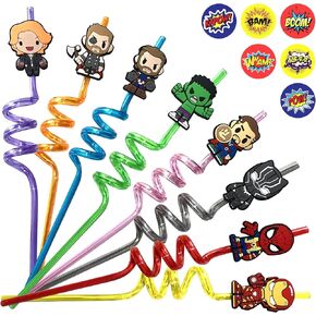 32Pcs Superhero Straws for Avenger Party Favor - 32Pcs Reusable Drinking Straws with 8 designs+36 Stickers+2 Brushes. Perfect For Superhero Party Supplies, Great for Avenger Themed Party in Saudi Arabia