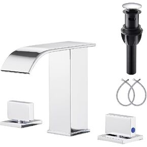 YBlucklly 2 Handles 3 Holes Brushed Nickel Waterfall Bathroom Sink Faucet Widespread 8-16inch Sink Washingroom Faucet with Pop Up Drain