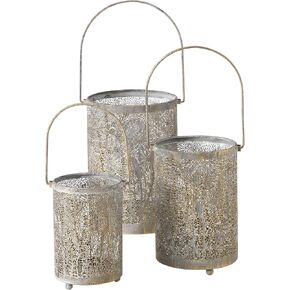 3 Piece Intricate Hurricane Candle Lanterns, Romantic Leaf Lattice Work, Gold Finished Metal, Grey Patina, 7.5 Inches