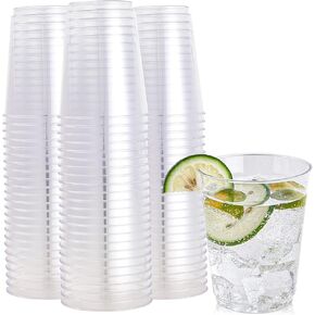 FOCUSLINE 100 Pack Clear Plastic Cups 10 oz Disposable Cups Heavy Duty Plastic Tumblers, Reusable Clear Hard Plastic Cups Tumblers for Wedding, Thanksgiving, Halloween, Christmas Party