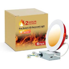 Fire Rated Recessed Light, 2 Hours - 6 Pack 6 Inch Canless Downlight with Junction Box, 5CCT Selectable & Dimmable, 15W, IC & Wet Rated