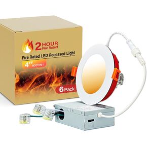 6 Pack Fire Rated Recessed Light 2 Hours, 4 Inch Canless Downlight with Junction Box, 10W, 5CCT Selectable & Dimmable, ETL, IC & Wet Rated