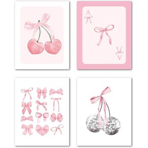 LiTiu Coquette Room Decor - Preppy Room Decor - Posters for Room Aesthetic Set of 4 - Pink Bow Disco Ball Cherry Coquette Wall Decor Posters for Girls Bedroom Dorm - 8x10 in Poster (Unframed)