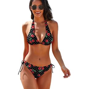 Women's Cherry Bikini Swimsuits Two Piece Pattern Padded Bikini Cute Summer Halter Side Tie Triangle Bathing Suits