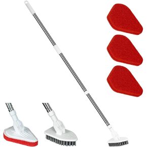 46'' Tile & Tub Floor Scrub Cleaning Brush with Long Handle - Extendable Detachable Kitchen Brush with 1 Stiff Bristles & 3 Sponge Brush, Lightweigh Scrubber Kitchen Brush for Wall Shower(White)