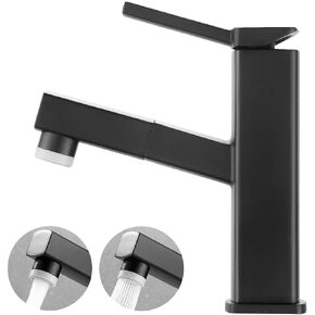 KAIYING Pull Down Bathroom Sink Faucet, Modern Lavatory Vessel Sink Faucet, Utility Single Hole Bathroom Sink Faucet with Pull Out Sprayer, Commercial Basin Mixer Tap (Tall, Black)