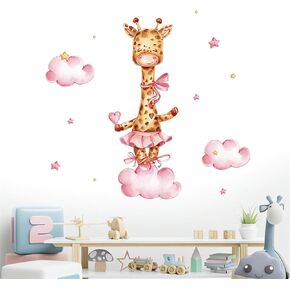 Cute Pink Baby Giraffe Wall Stickers, sacinora Love Pattern Cloud Cartoon Animal Wall Decals Removable Vinyl Peel and Stick for Kids Baby Nursery Bedroom Playroom Toddler Room Art Decorations