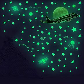Glow in The Dark Wall Decals - Stars Planets Paper Airplane Moon Universe Wall Stickers - 400 PCS Glowing Starry Sky Wall Stickers - Best Gift for Kids Bedroom Nursery Home Decoration Party Birthday