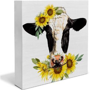 Country Sunflower Cow Wood Box Sign Decor Desk Sign Sunflowers Cow Wooden Box Block Sign Rustic Home Shelf Wall Decoration