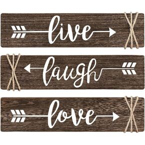 Dahey 3 Pieces Rustic Wood Sign Arrow Wall Decor Live Laugh Love Quote Sign Farmhouse Wall Mount Decoration for Home, Living Room, Mothers Day, Wedding, Housewarming Gift 13"x 3", Brown