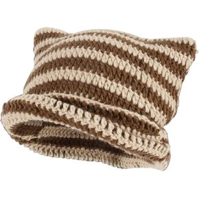Handmade Gothic Knitted Little Devil Hat Cat Ear Striped Crocheted Beanie Hat Y2k Funny Hat for Women