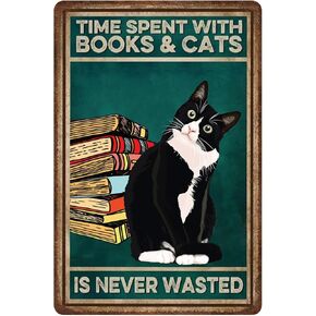 Vintage Metal Tin Sign Black Cat Tin Sign,Time Spent with Books&Cats Is Never Wasted Sign,Home Wall Decor,Cat Lover Gift,Size 8X12in