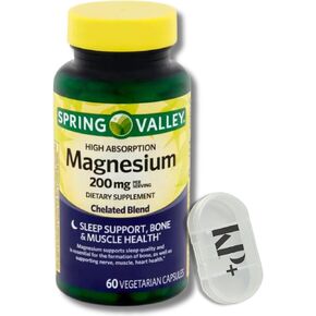 Spring Valley, Magnesium, Bone & Muscle Health, Dietary Supplement, Vegetarian Capsules, 200 mg, 60 Count Bundle with Pill case