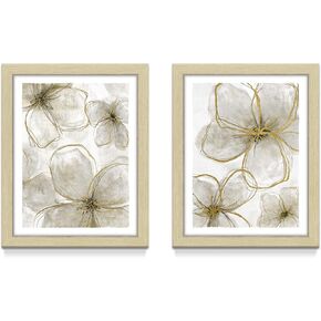 Bedroom Framed Flower Wall Art: Living Room Bathroom Floral Picture 2 Piece Modern Nature Botanical Gold Foil Print Artwork Small Vertical Vintage Blossom Painting for Home