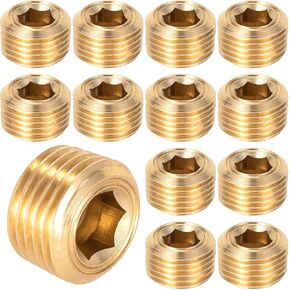 15pcs 1/8" NPT Brass Hex Counter Sunk Plug, Anti-Corrosion Male Thread Hex Socket Pipe Plug, Acid-Resistance Pipe Fitting Tap for Water Pump Ports Water Temp Tank-Yellow