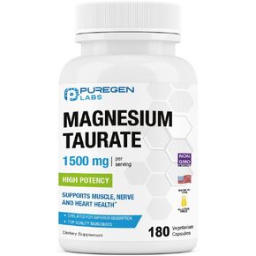 Puregen Labs Magnesium Taurate 1500mg per Serving [High Potency] 180 Veggie Caps, Chelated for Superior Absorption, Non-GMO, NO Gluten and Dairy | Made in USA