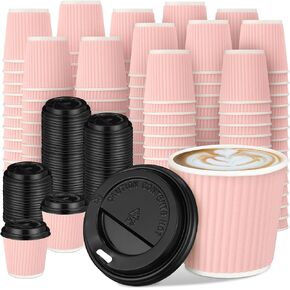 Uiifan 100 Set 4oz Disposable Espresso Cups with Lids Ripple Corrugated Paper Disposable Coffee Cups Insulated Hot Cups Ripple Cups for hot Chocolate, Tea, and Cocoa Drinks (Red)