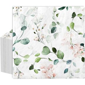 Whaline 80Pcs Eucalyptus Paper Napkin Watercolor Floral Greenery Leaves Disposable Napkin Pink Spring Flower Luncheon Dinner Hand Napkin for Wedding Birthday Baby Shower Party Supplies