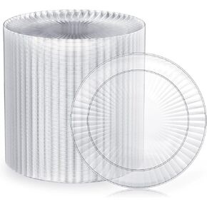FOCUSLINE 90 Count Clear Plastic Plates 10 Inch, Disposable Heavy Duty Plastic Dinner Plates- Premium Hard Plastic Plates Fancy Disposable Clear Plates for Weddings, Parties and Birthday