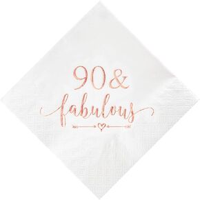 Crisky 90 and Fabulous Cocktail Napkins Rose Gold for Women 90th Birthday Decorations, 90th Birthday Bevergae Dessert Cake Table Supplies, 50Pcs, 3-Ply