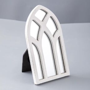Rustic Arched Wooden Small Mirror for Desk 6 X 11 Inch, Distressed White Farmhouse Window Mirror Centerpieces for Tables Shelf Fireplace Bedroom, Cathedral Table Mirror with Stand for Crafts