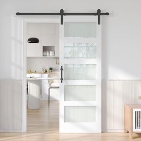 Fredbeck 30in x 84in White Glass Barn Door with 5.5FT 66inch Sliding Door Hardware Kit Included & Handle,PVC Surface,Need to Assembly,Water-Proof