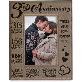KATE POSH Our 3rd Wedding Anniversary, 3 Years Anniversary, 3 Years of Marriage, Gifts for Couple, Third Anniversary - Engraved Leather Picture Frame (5 x 7 Horizontal)