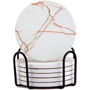 Blue Coasters for Drinks Marble Style,Absorbent Ceramic Coaster with Metal Holder Stand,House Warming Gifts Decor Set of 6 with Cork Base for Wooden Table
