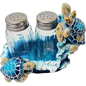 Nautical Sea Turtle Salt and Pepper Shakers Set with Holder for Beach House Interior Style - Coastal Living Room Accents, and Marine Life Theme Decorative Shakers Set