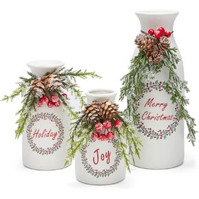 Artificial Christmas Vase 3-Piece Set Flocked with Mixed Xmas Decorations Ceramic White Bottles (White)