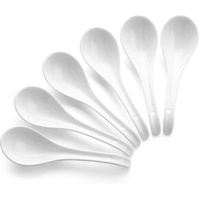 DOWAN Soup Spoons, Ceramic Chinese Soup Spoons, Asian Soup Spoons, White Japanese Spoon Large for Ramen Pho Wonton Dumpling Miso, Deep Oval Hook Design, Set of 4