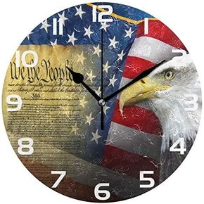 ALAZA Patriotic American Flag with Eagle Round Wall Clock, Silent Non Ticking Oil Painting Home Office School Decorative Clock Art