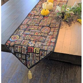 DaDa Bedding Bohemian Tapestry Table Runner - Greek Ethnic Ornaments Geometric Calligraphy Dark Black Textile - Multi-Colorful Cotton Linen Woven Kitchen Dining Mats - 13" x 54"