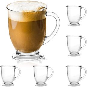15oz/450ml Glass Coffee Mugs Clear Coffee Cups with Handles perfect for Latte, Cappuccino, Espresso Coffee, Tea and Hot Beverages, Set of 6