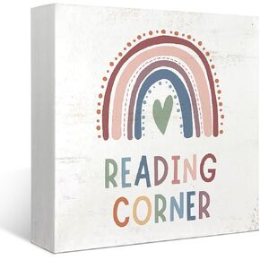 Boho Rainbow Classroom Decor Wood Box Sign, Reading Corner Decor for Classroom Desk Decor Block Plaque Sign，Decoration for Classroom Library Nursery Table Desk Decor 5x5 Inch