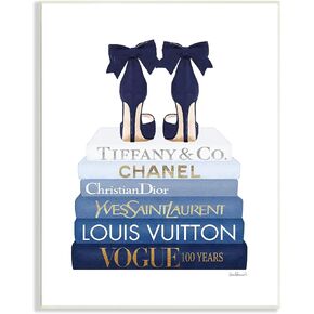 Stupell Industries Navy Blue Bow Heels Chic Glam Bookstack, Designed by Amanda Greenwood Wall Plaque, 10 x 15