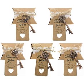 Wedding Party Favor Set,Skeleton Key Bottle Openers Candy Boxes Escort Tags and Jute Rope Souvenir Gift Set(Red Copper Tone,50 sets with 5 Styles)