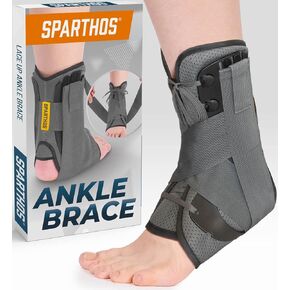 Sparthos Lace Up Ankle Brace - Support for Injury Recovery and Sprained Foot - Compression for Running, Basketball, Volleyball - Interchangeable Stabilizer Braces - For Men & Women (Gray - Medium)