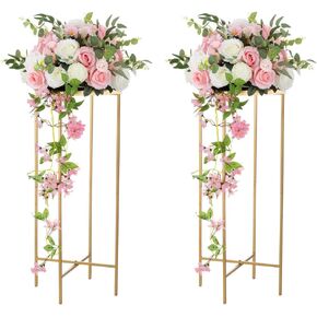 قطع مركزية لحفلات الزفاف الذهبية للطاولات - قطعتان من حامل الزهور المعدنية، مزهريات طويلة 31.5 بوصة للقطع المركزية، حامل مزهرية زهور مركزية هندسية لتزيين الزفاف، الحدث، المنزل in Kuwait